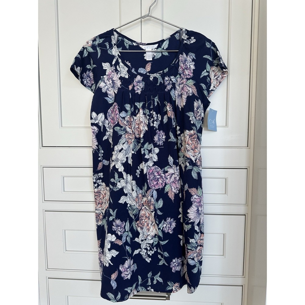 NWT Adonna Sleepwear Cotton Eden Floral Navy Blue Sleepwear Nightgown Women's M